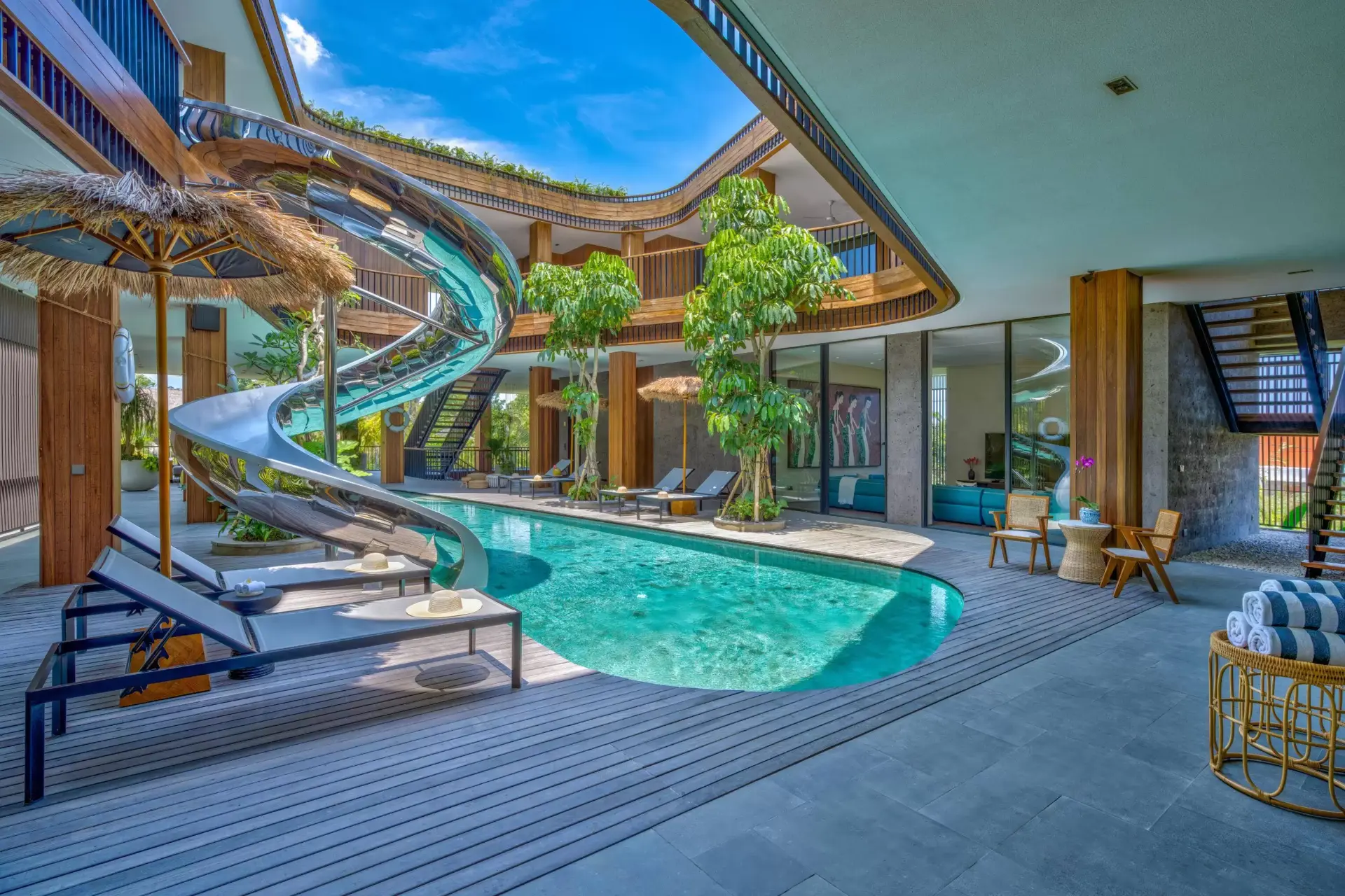 Villa pool with spiral waterslide